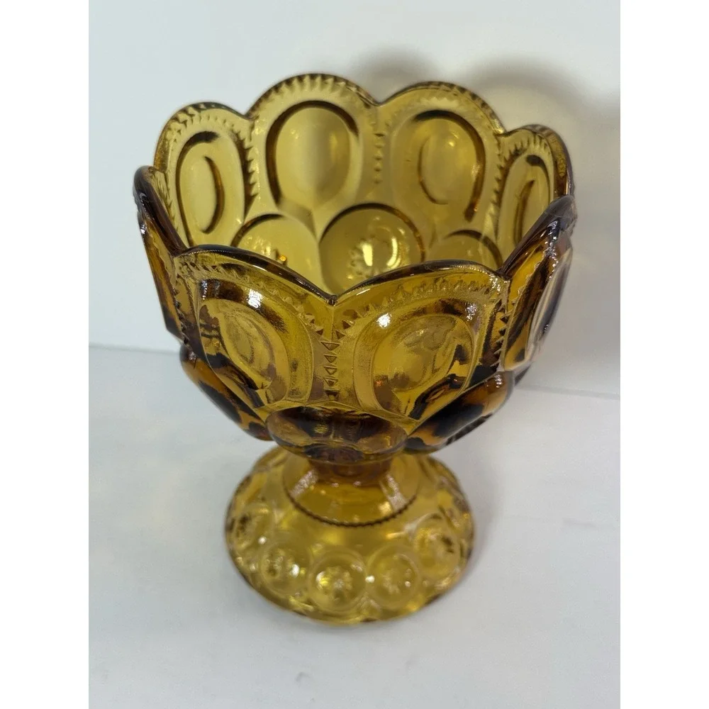 Vintage Amber Glass Moon and Stars Pedestal Candy Compote Scalloped Dish